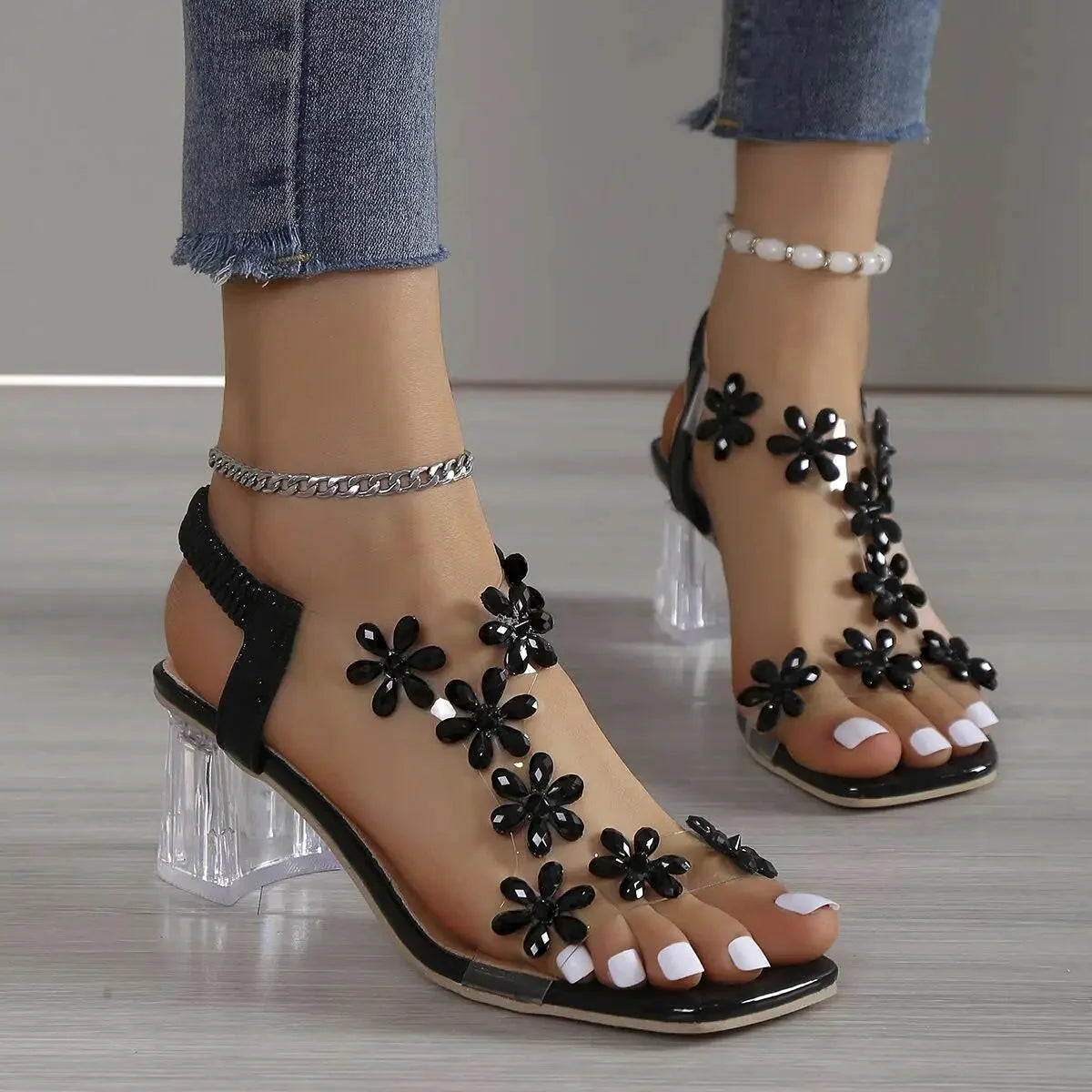 Women's Flower Rhinestone Block Heel Sandals