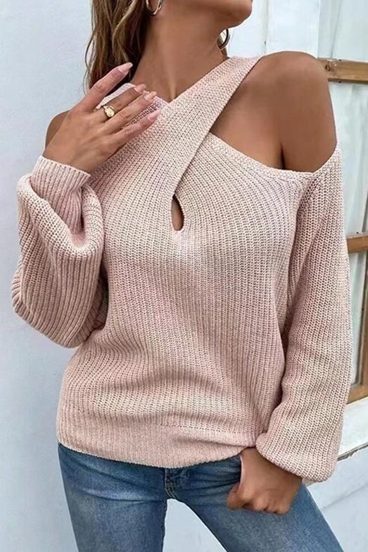 Women's solid color cross collar sweater